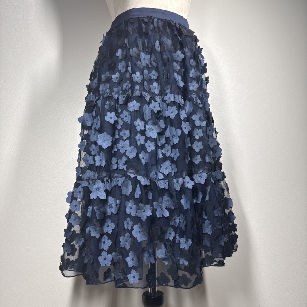 NWT Eva Franco Anthropologie Buttercup Skirt Blue 3D Floral Tiered 8 Made in USA